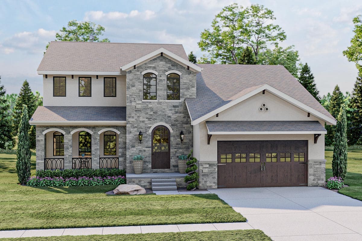 Two-story house plan exterior with arched covered porch, stone accents, and a multi-panel garage door.