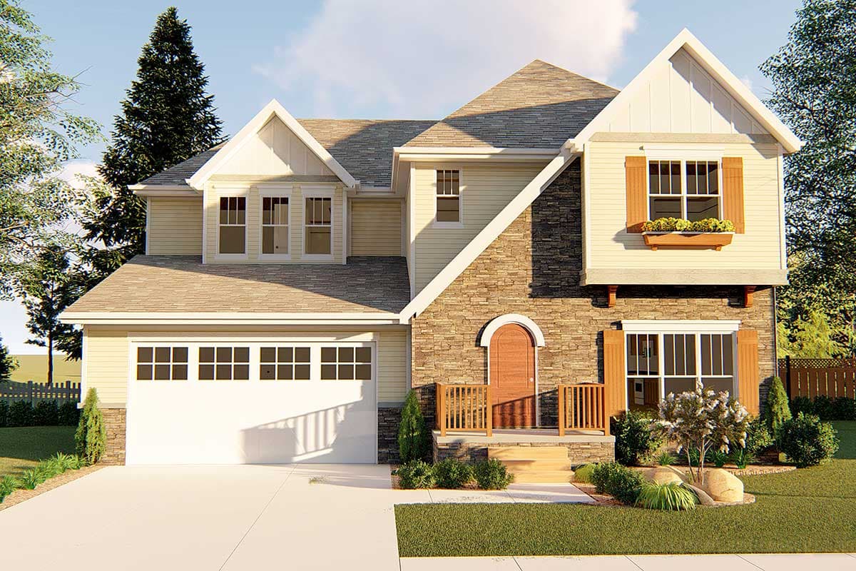 House plan exterior featuring a two-story design with stone accents, a gabled dormer, and a front-facing garage.