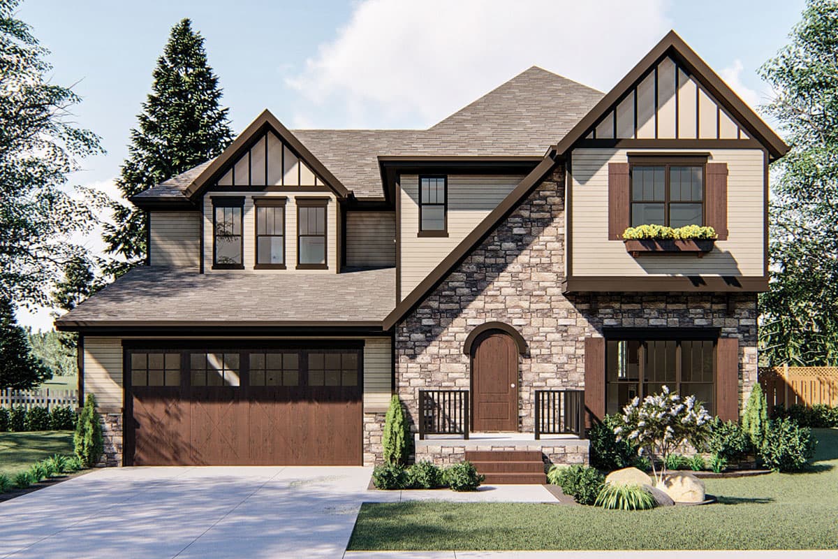 House plan exterior. Two-story with stone facade and gabled roofline. Features include a front-facing garage and decorative dormers.