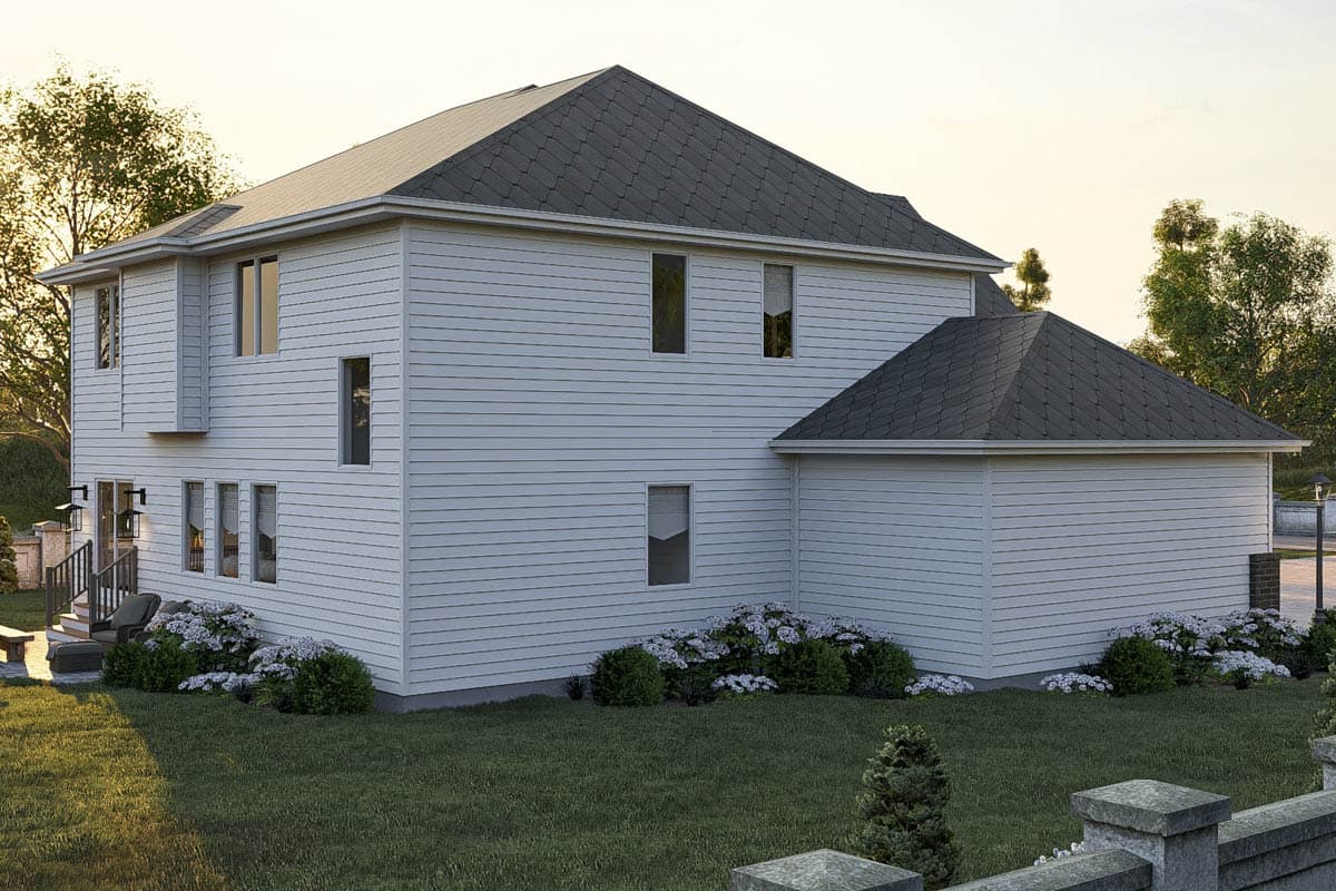 Two-story house plan exterior with white horizontal siding, gabled roof, and dormers. Includes a side-facing garage with a hip roof.