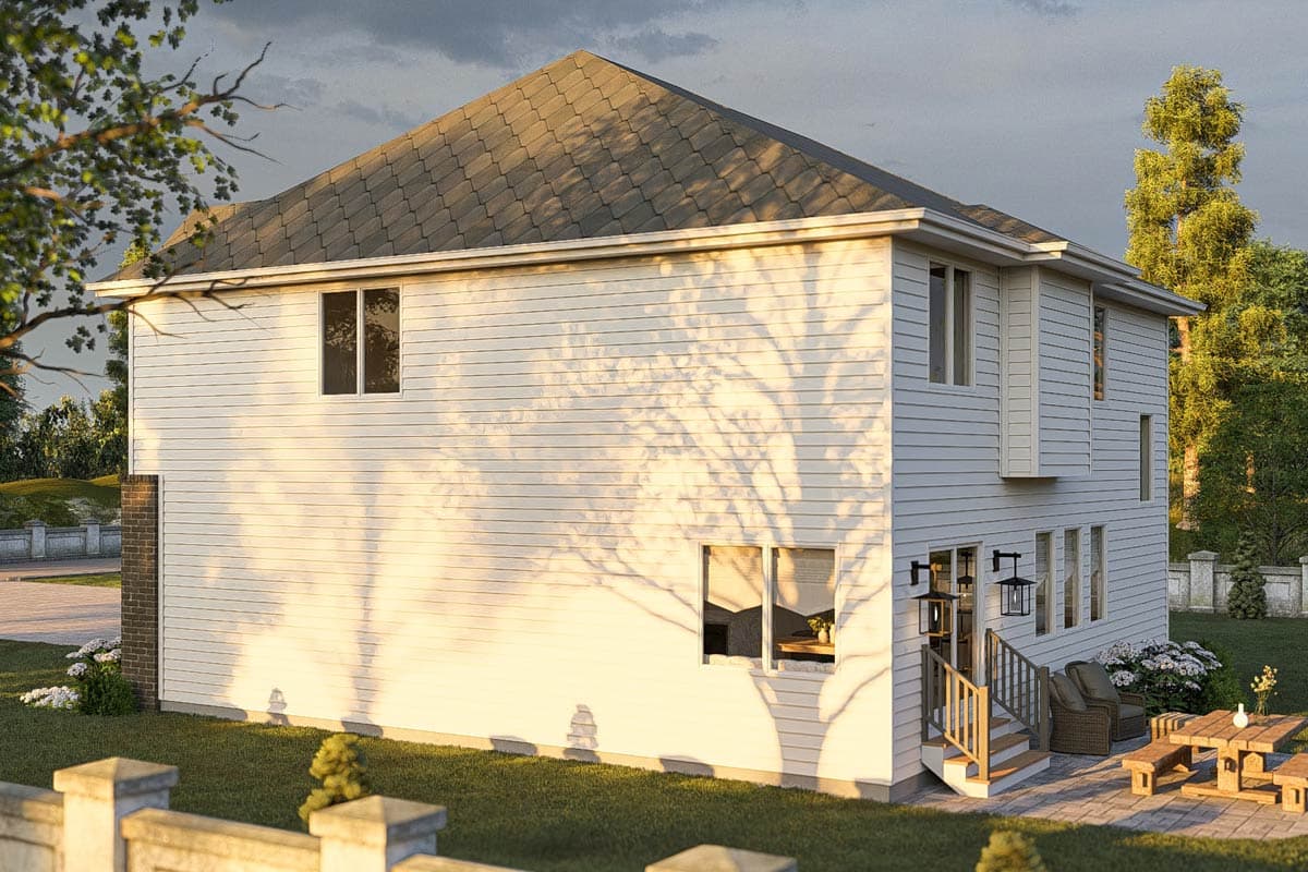 Two-story house plan exterior with white siding, a hip roof, and a rear deck with stairs.