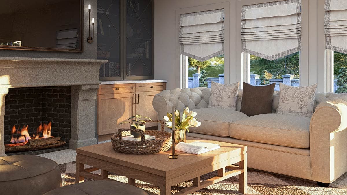 Living room with stone fireplace, tufted sofa, coffee table with basket and tulips, and large windows.