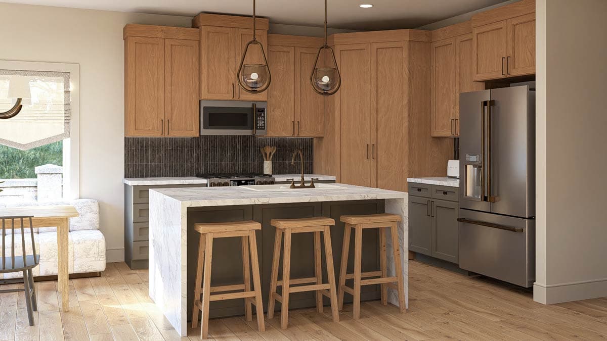 Modern kitchen with island seating, natural wood cabinets, stainless steel appliances, and marble countertops.