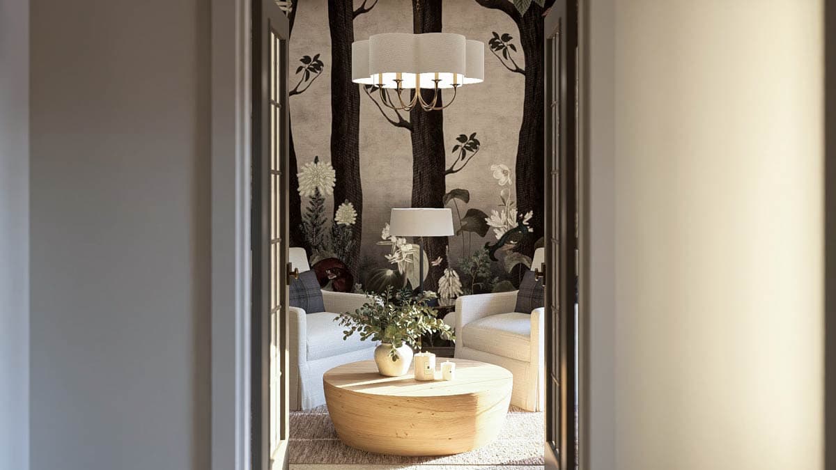 Living area with forest mural wallpaper, two white armchairs, a wooden coffee table, and a multi-arm chandelier.