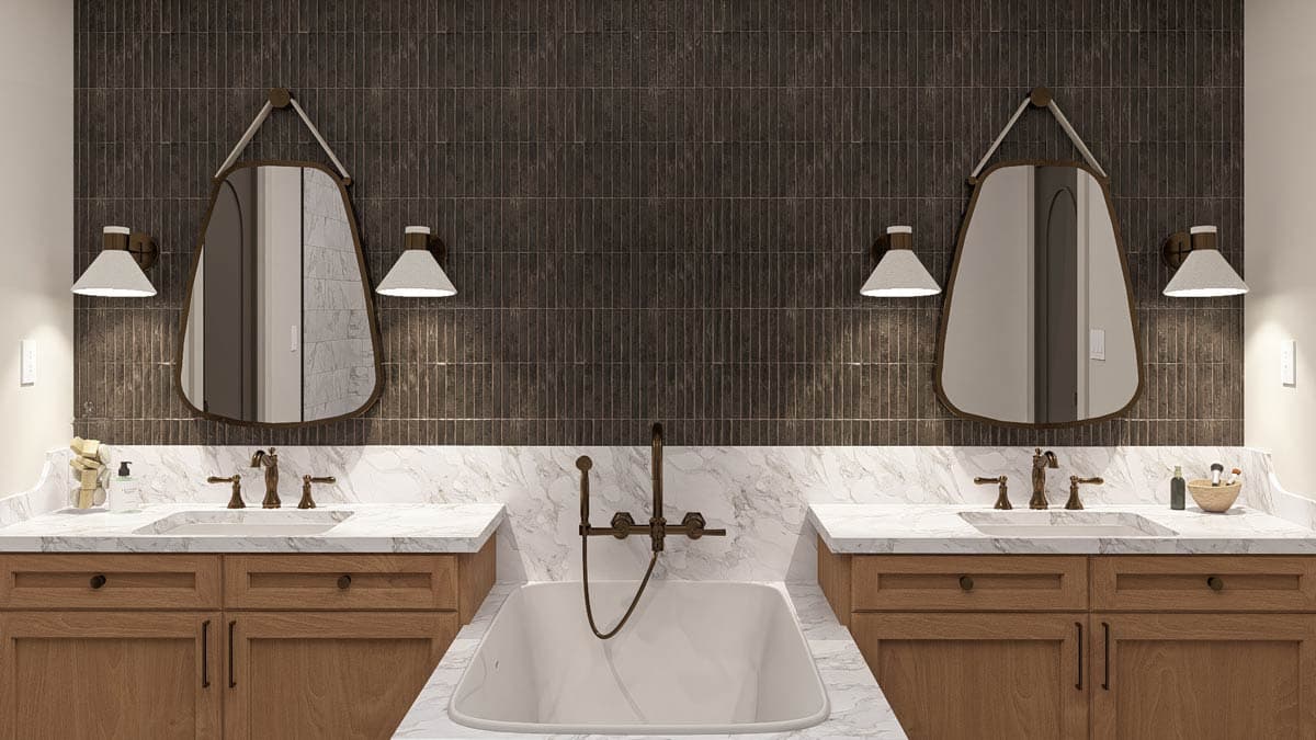 Bathroom rendering with a freestanding tub, double vanity with marble countertops, and pendant lights against a dark tiled wall.