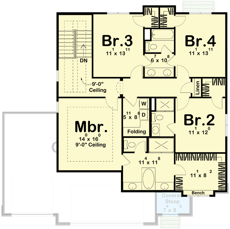 Plan 62509DJ: Two-Story European House Plan with Flex Room and Four Bedrooms - 2407 Sq Ft - Floor Plan - 2nd Floor - European, Tudor
