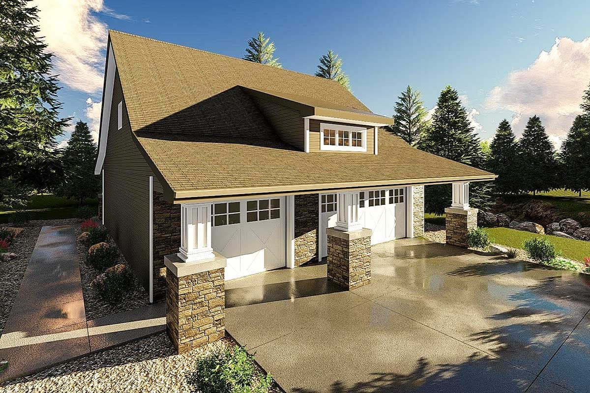 House plan exterior featuring a gabled dormer, stone pillar accents, and a three-car garage with carriage-style doors.