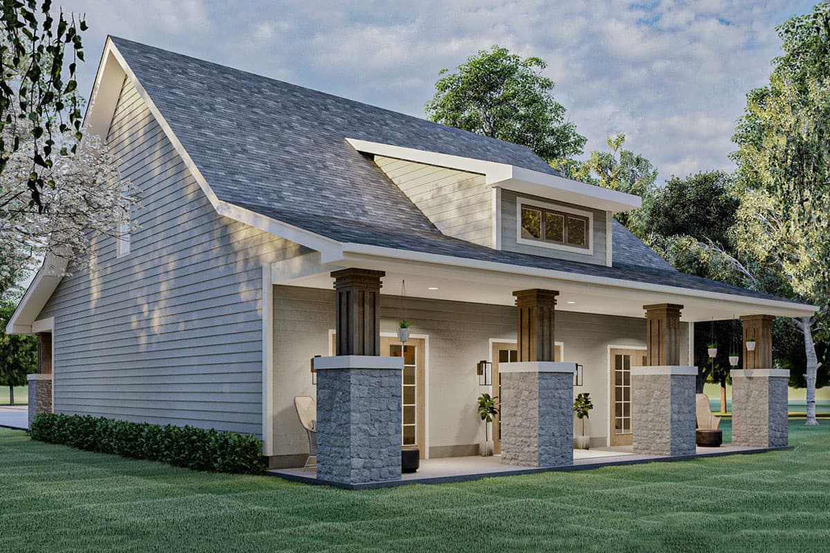 House plan exterior view of a two-story home with a covered porch, stone pillar supports, and a dormer window.