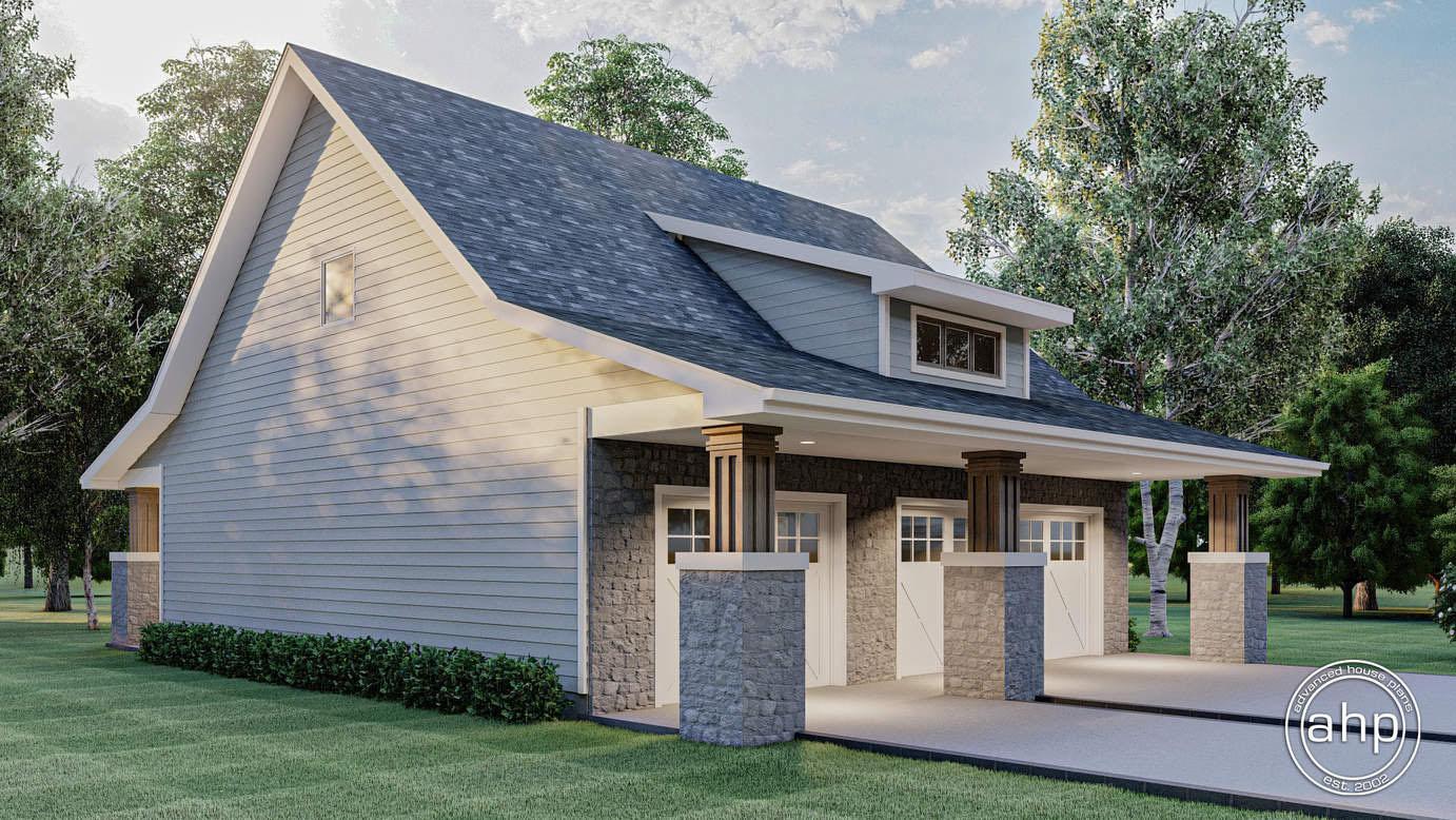 House plan exterior with stone and siding, featuring a covered entryway supported by square columns and two garage doors.
