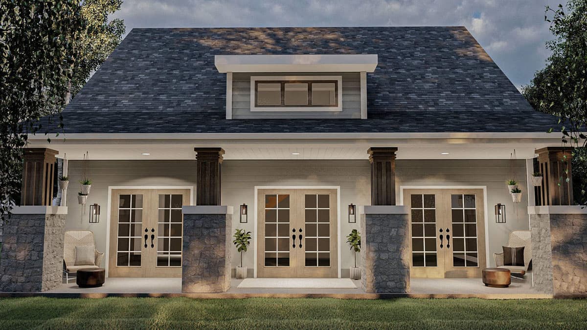 House plan exterior: One-story modern farmhouse with a covered porch, stone pillar accents, three sets of French doors, and a dormer.