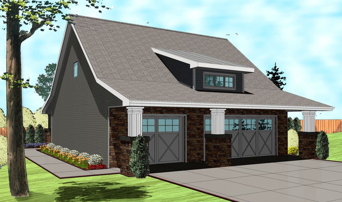 House plan exterior: Modern style, two-car garage with stone base, prominent dormer, and gabled roof.