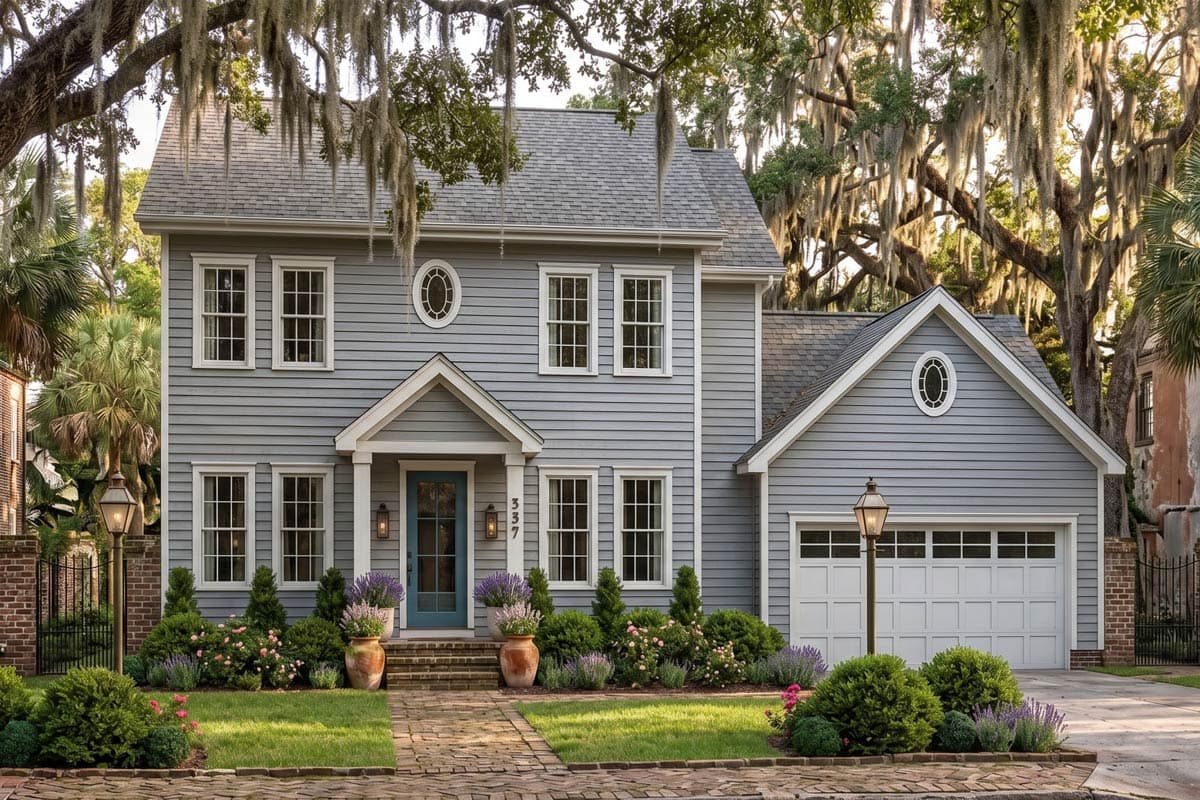 House plan exterior with two stories, gabled roof, and attached garage. Features include a front porch with a portico and oval windows.