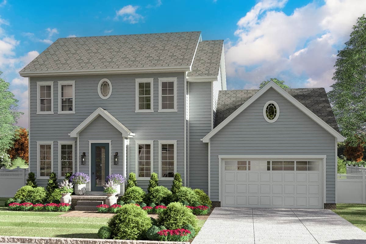 House plan exterior with two stories, gabled roof, and attached garage. Features include a front porch with a portico and oval windows.
