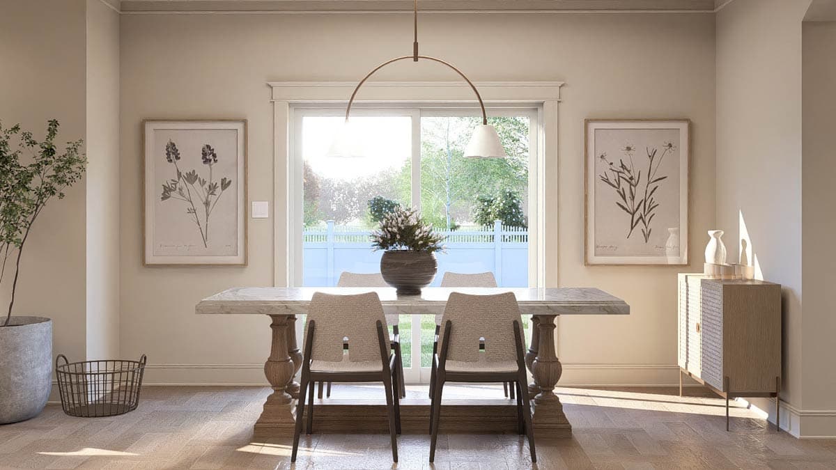 Dining room with marble-topped table, upholstered chairs, botanical art, and a modern arc chandelier.