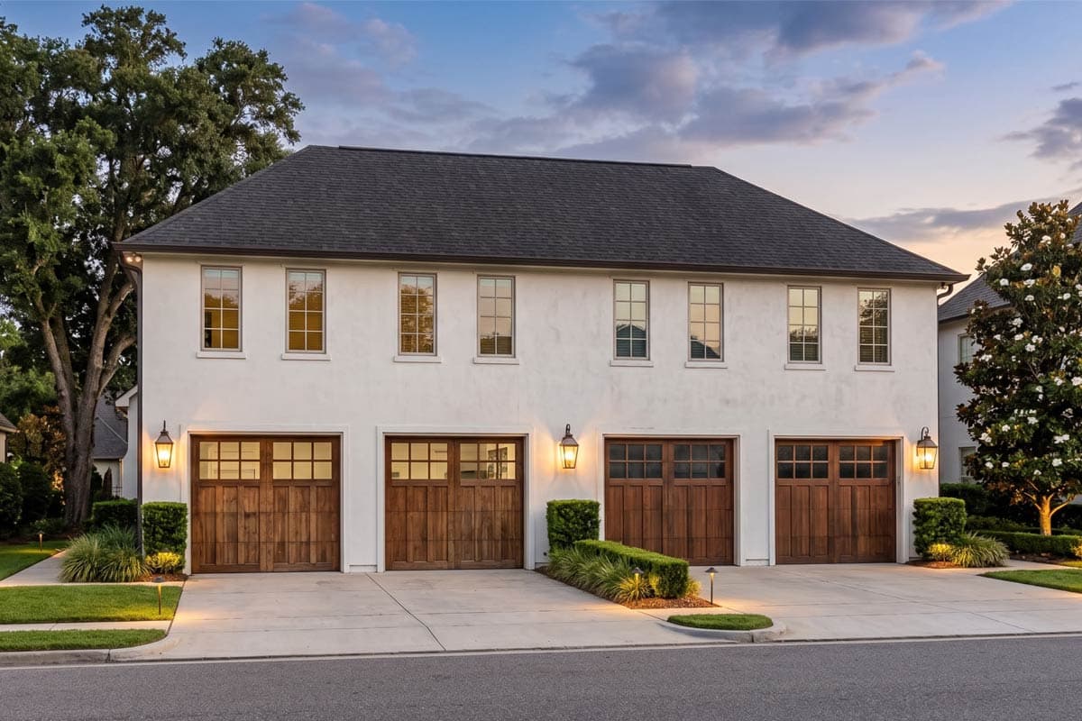 House plan exterior: Two-story stucco home with a gray shingle roof, six upper windows, and four wood-paneled garage doors.