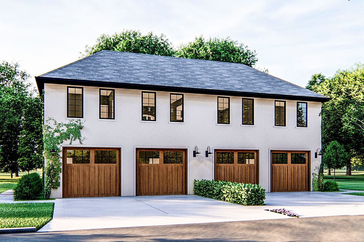 House plan exterior: Two-story stucco home with a gray shingle roof, six upper windows, and four wood-paneled garage doors.