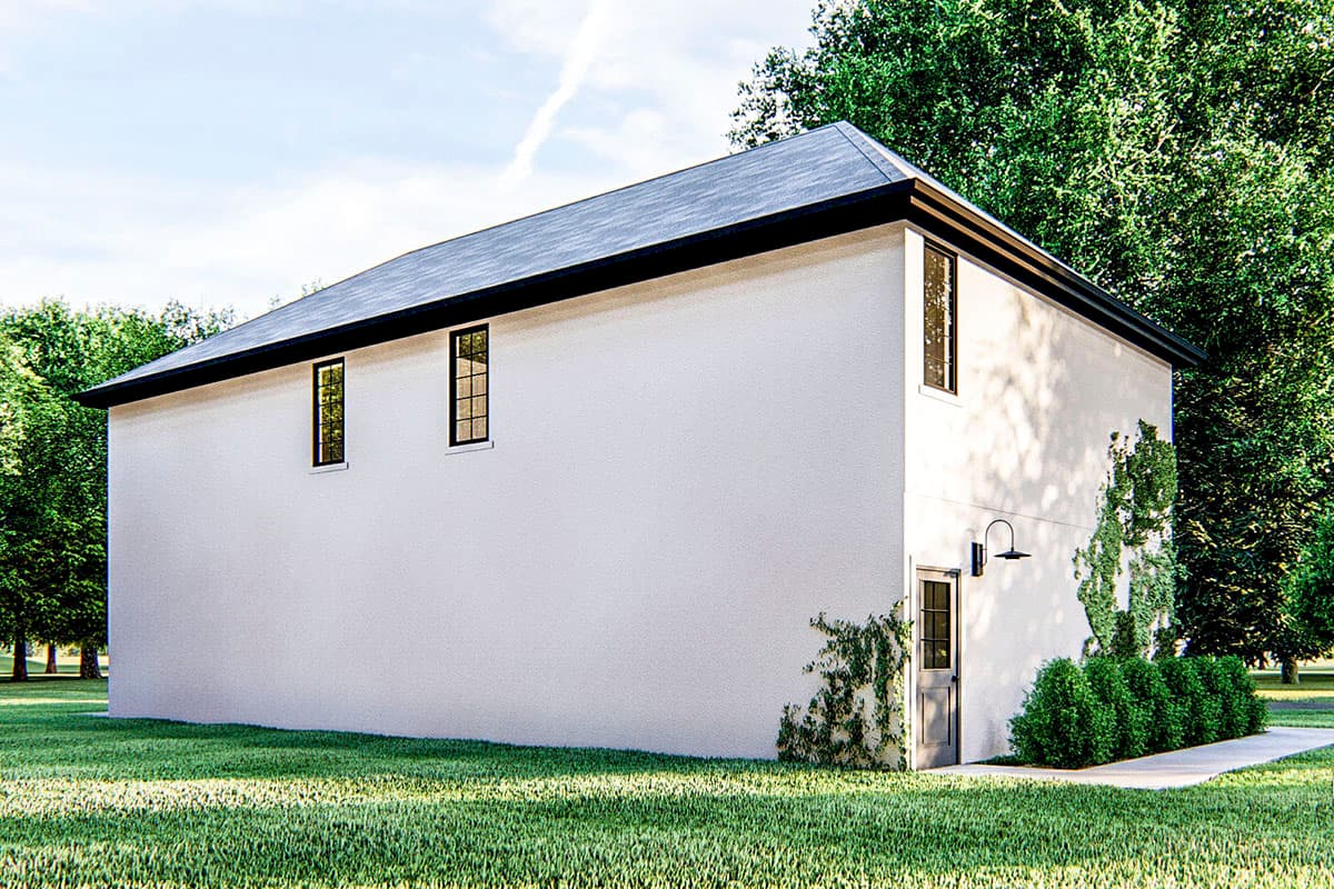 House plan exterior: Modern style, two stories, stucco finish, hip roof, and tall windows.