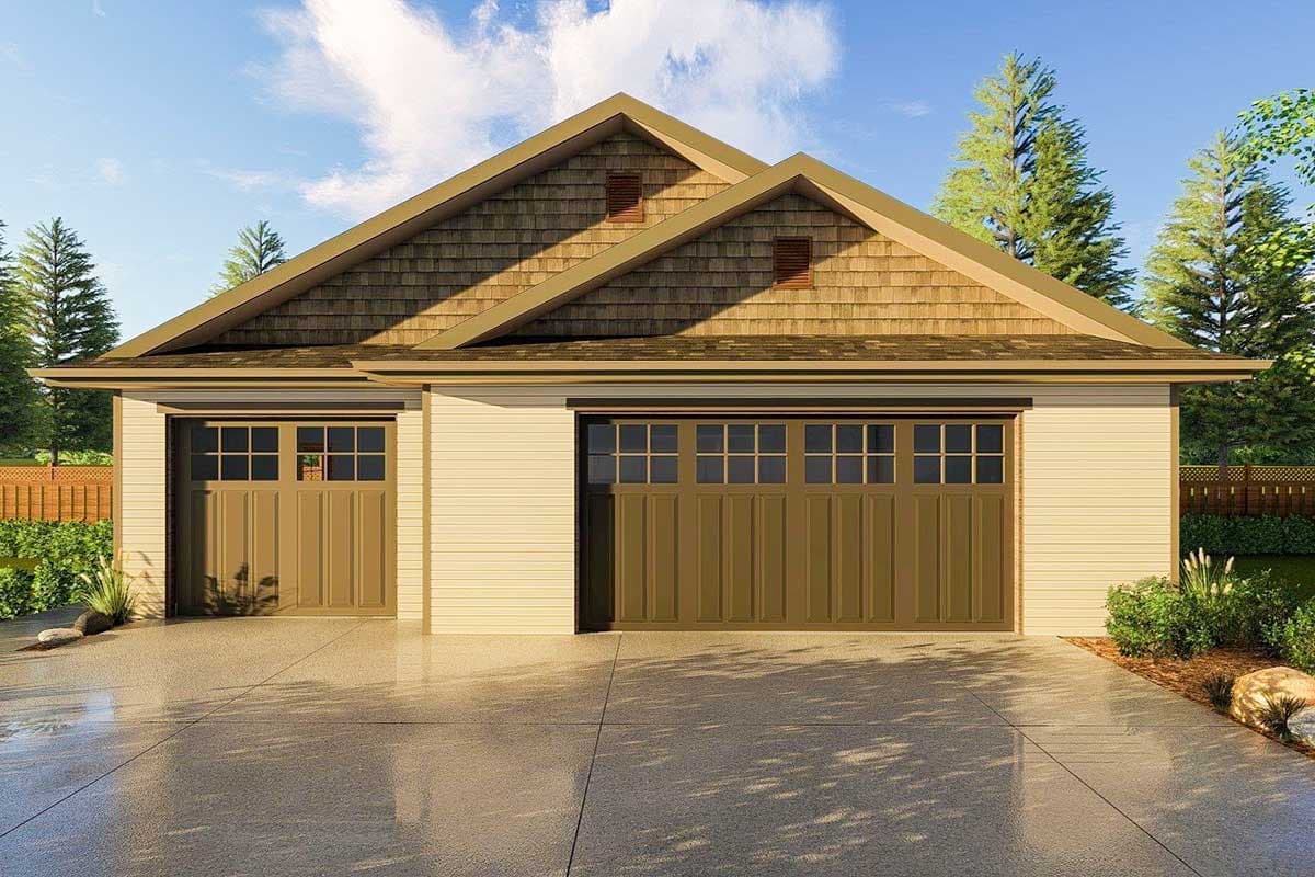 House plan exterior: Two-car garage with a single-car garage, featuring gable rooflines, shingle siding, and paneled garage doors.