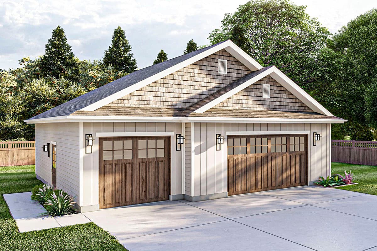 House plan exterior. Craftsman style, single story. Features include gabled roof, vertical siding, and paneled garage doors.
