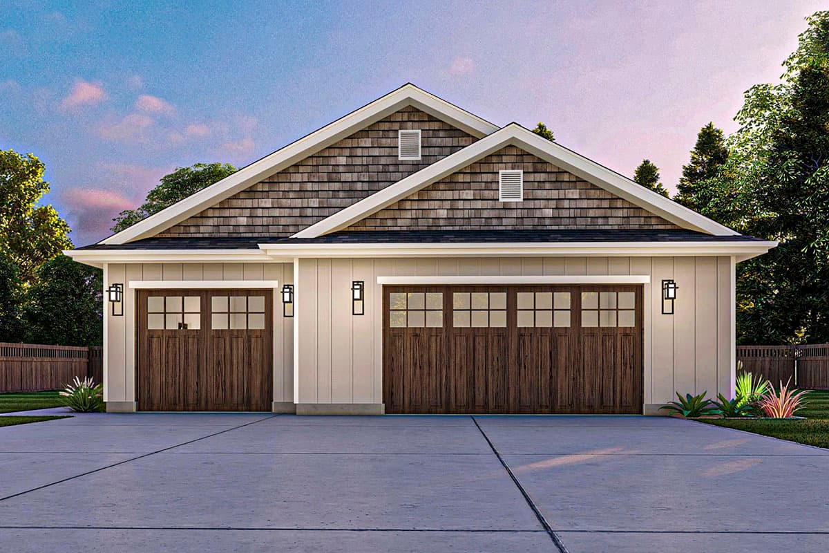 House plan exterior with a two-car garage and a single-car garage, featuring shingle gables, paneled doors, and square exterior light fixtures.