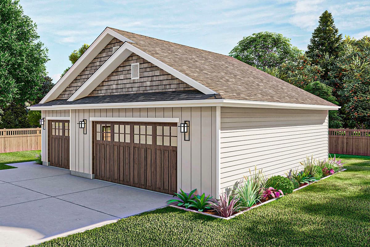 House plan exterior of a two-car garage with gable roof, shingle siding on gables, and paneled wood garage doors.
