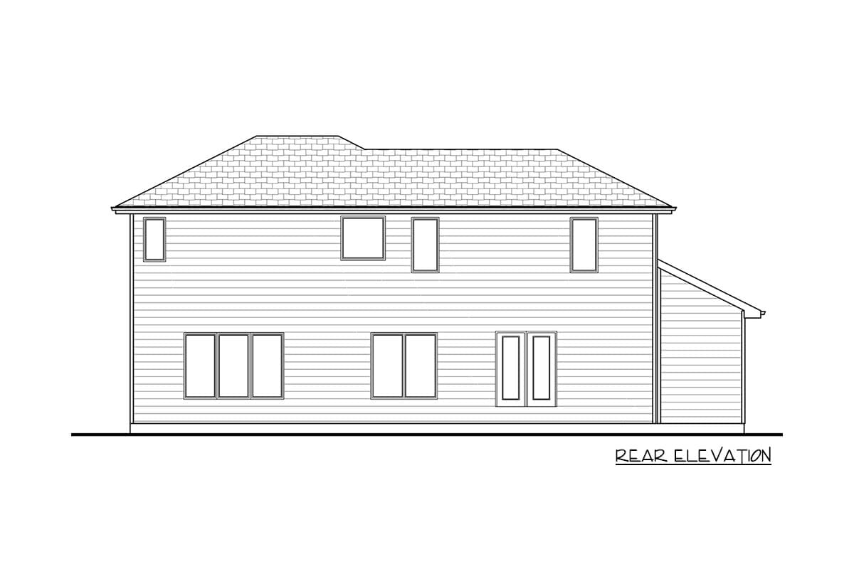 Rear elevation drawing of a two-story house plan featuring horizontal siding, multiple windows, and double doors.