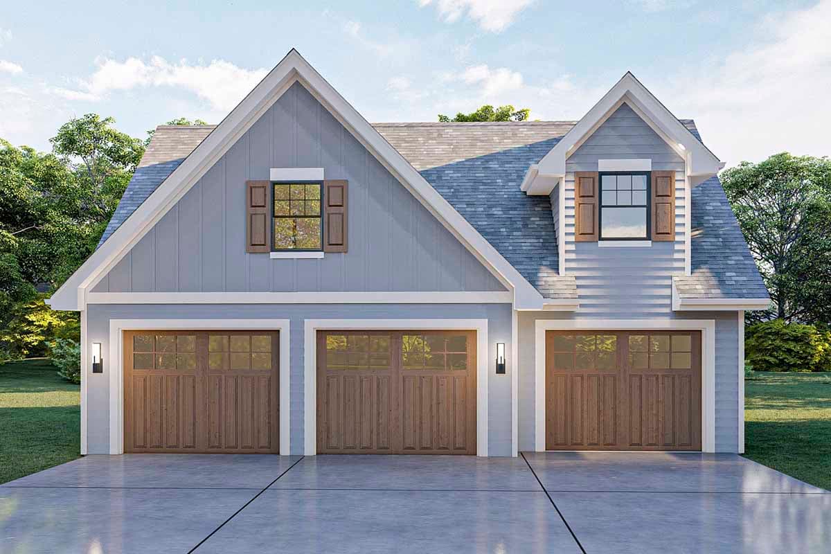 House plan exterior with three garage doors, blue siding, and two gabled dormers.