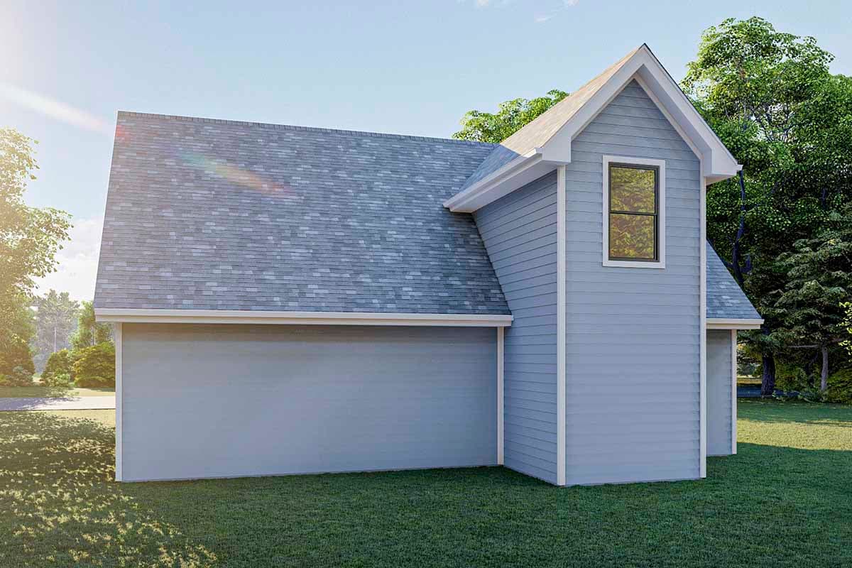 House plan exterior shows a two-story home with a gambrel roof, siding, and one gable dormer with a single window.