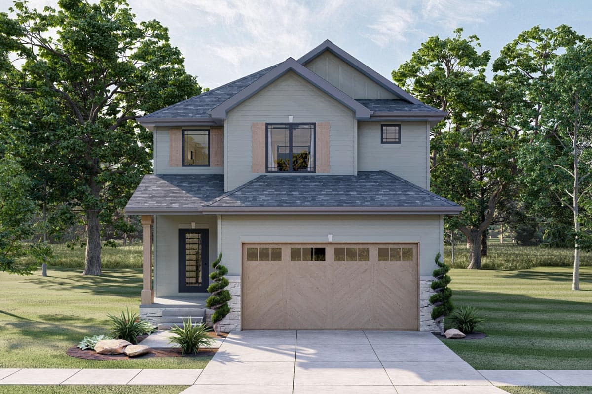 House plan exterior. Two-story home with a gabled roof, a front-facing garage, and decorative shutters on second-story windows.