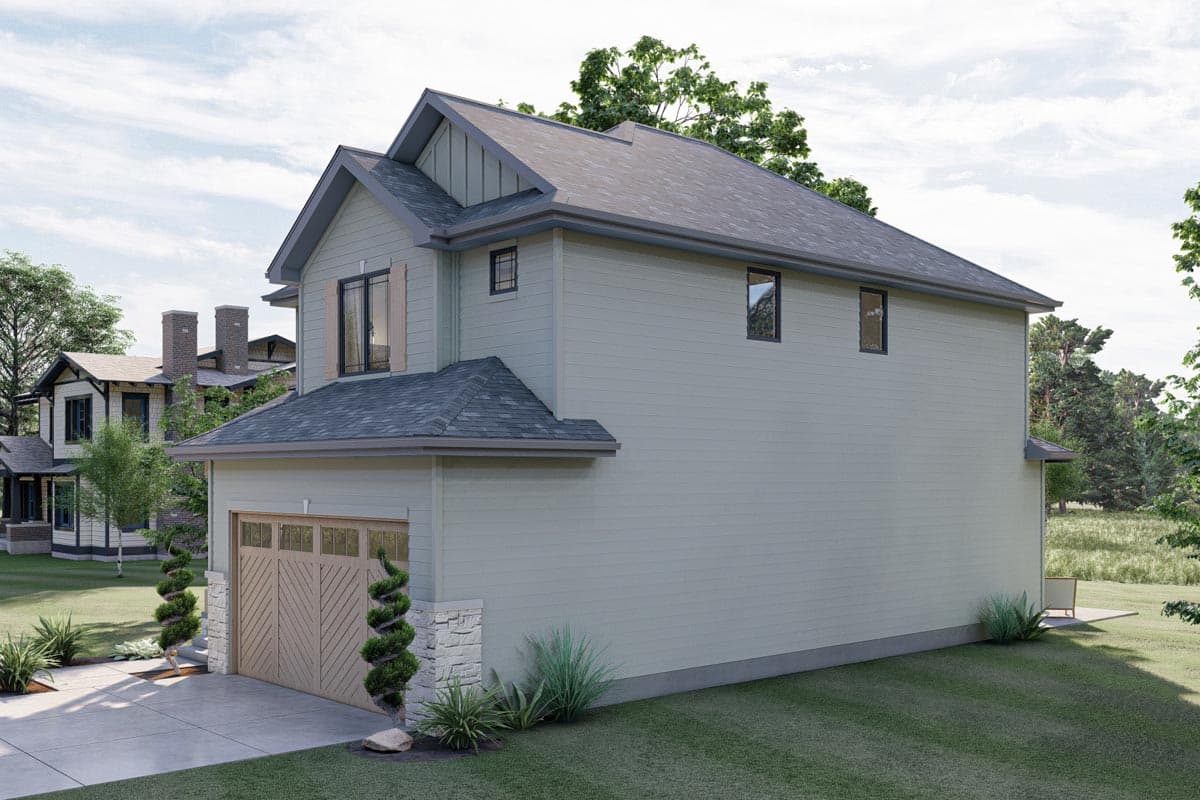 House plan exterior: two-story, board-and-batten siding, gabled dormer, garage with wood door, stone base.