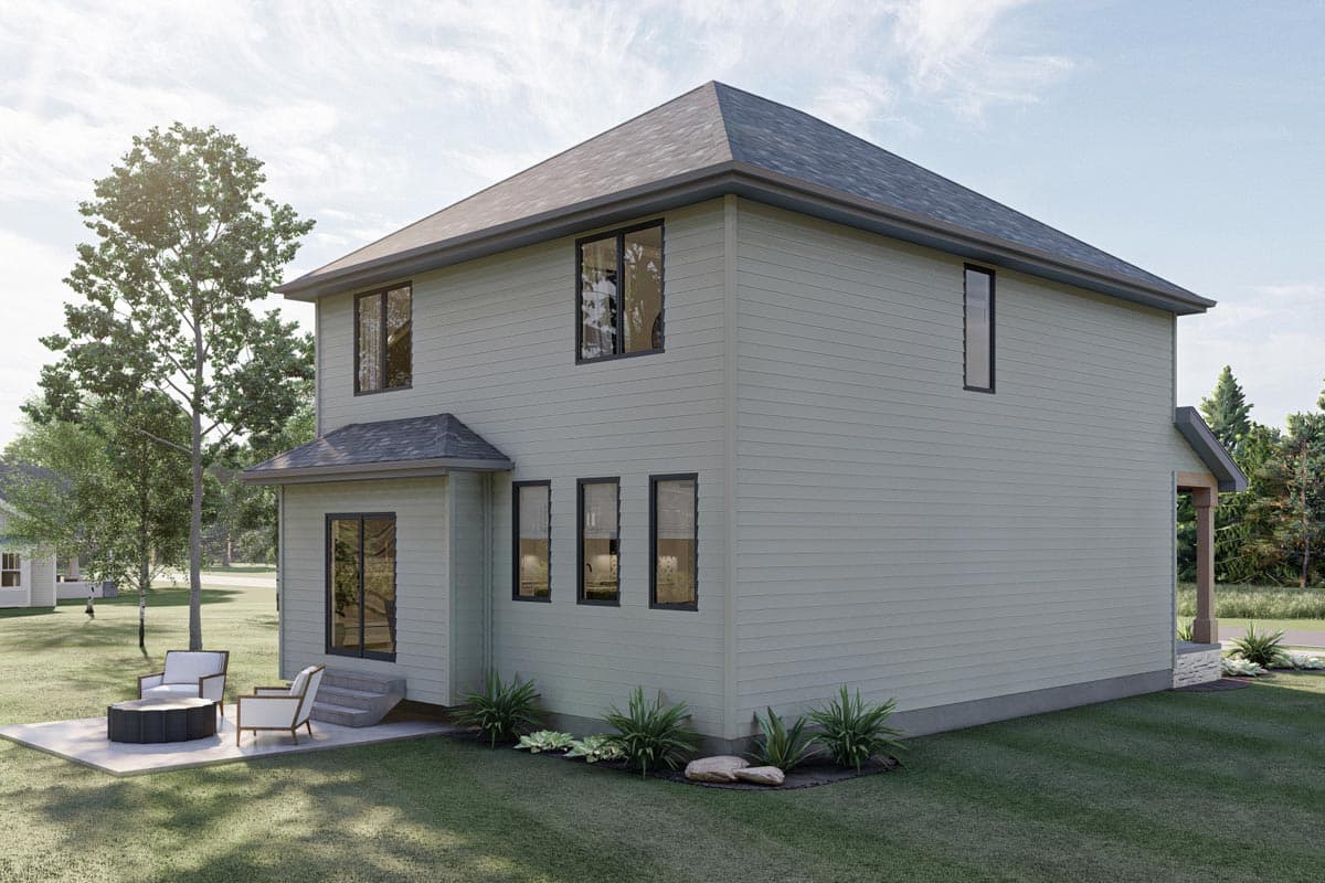 Two-story house plan exterior with a hip roof, horizontal siding, multiple windows, and a rear patio with seating.
