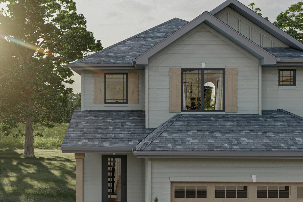 Two-story house plan exterior with gabled roof, corner entrance, and wood-shuttered windows.