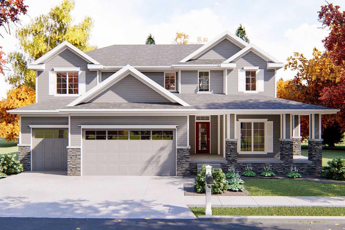 House plan exterior. Two-story home with front-facing gables, a covered porch, and a two-car garage. Stone accents on the facade.