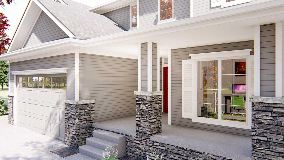 House plan exterior: Two-story Modern Farmhouse with stone-clad porch columns, gabled roof, and integrated garage.