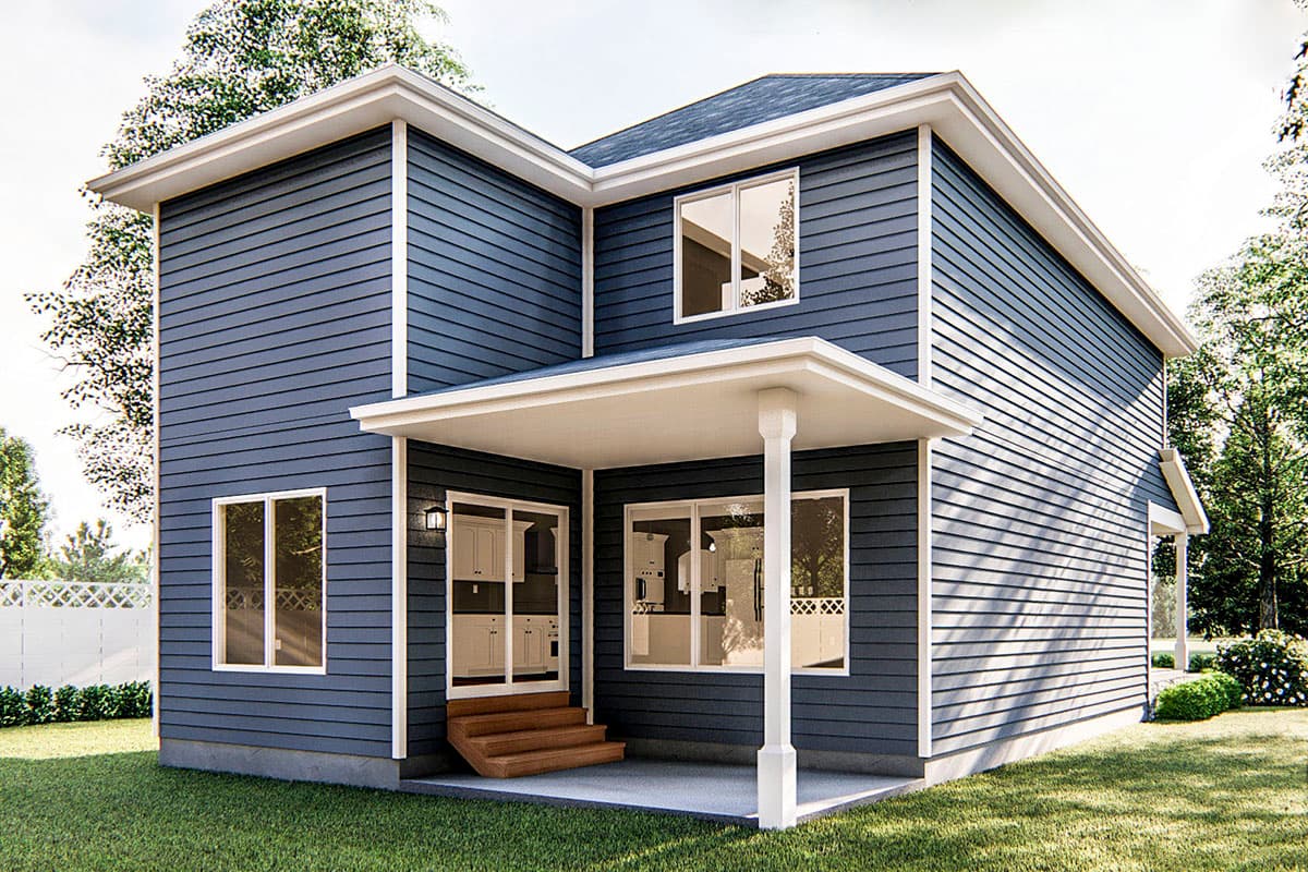 House plan exterior: Two-story home with horizontal siding, covered patio with columns, and prominent rooflines.