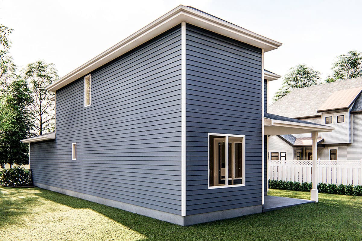 House plan exterior: Two-story home with horizontal siding, a covered patio, and multiple gables visible on adjacent structures.