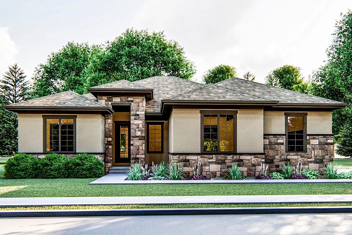 House plan exterior featuring a single story, stucco and stone facade, multiple gables, and a covered entry.