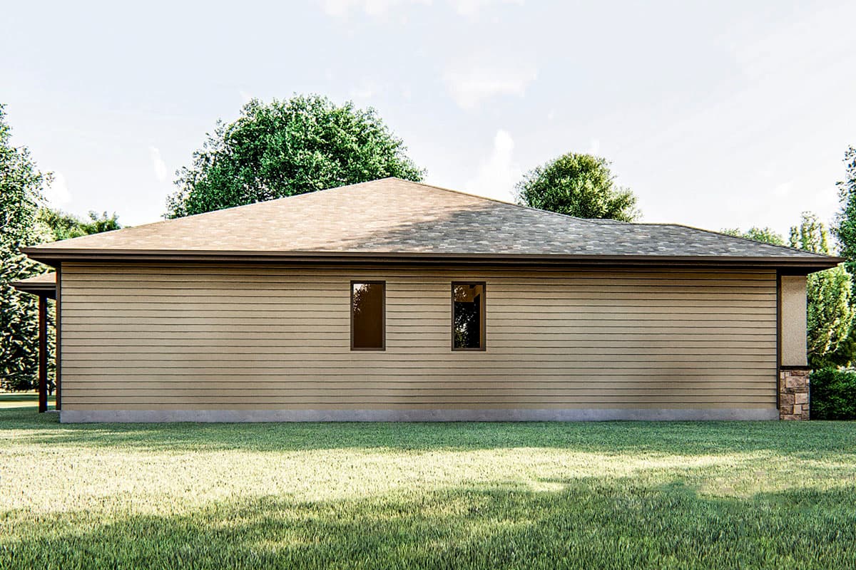 House plan exterior, Ranch style, single story, showing horizontal siding, hip roof, and stone accent.