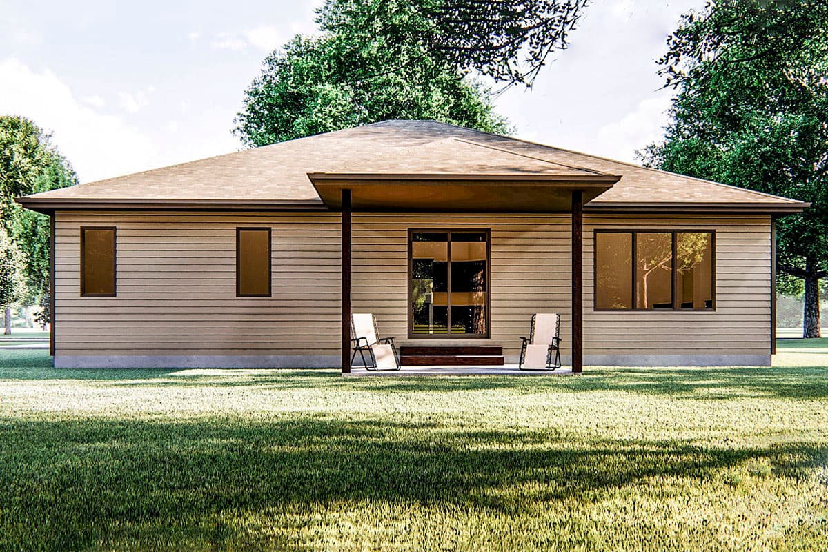House plan exterior: single-story home with horizontal siding, a covered porch, and a hip roof.