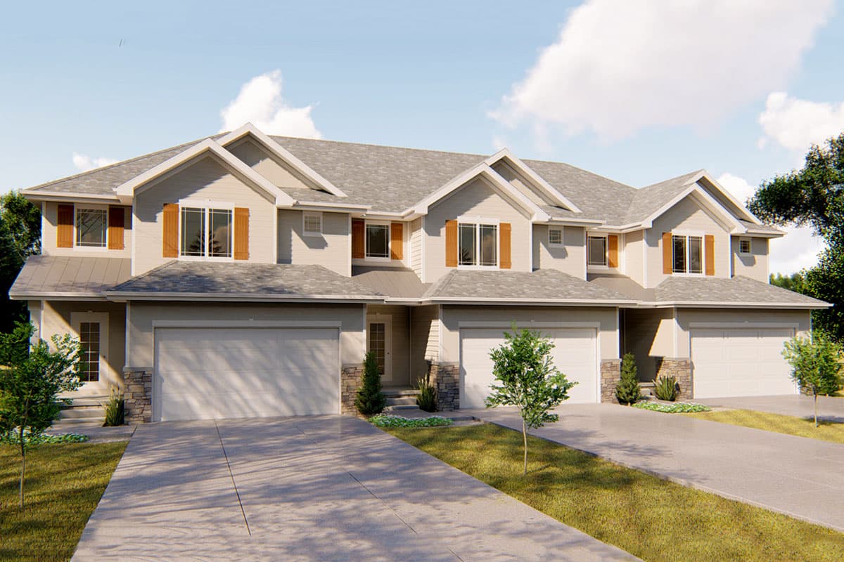 House plan exterior. Two-story, multi-unit dwelling with gabled roofs, shutters, and attached garages. Each unit has a separate entrance.