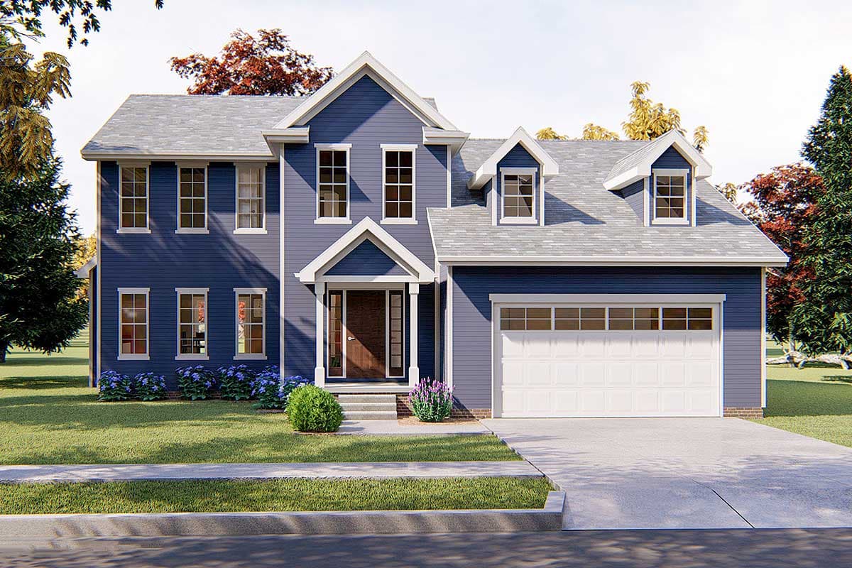 Two-story house plan exterior with a covered entryway, multiple gables, dormers, and a two-car garage.