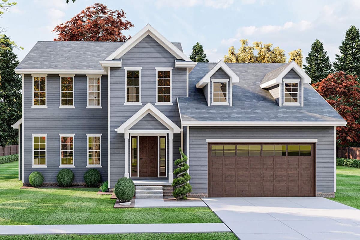 House plan exterior. Two-story Colonial-style home with a gable roof, dormers, and an attached garage. Features include a covered front entry.