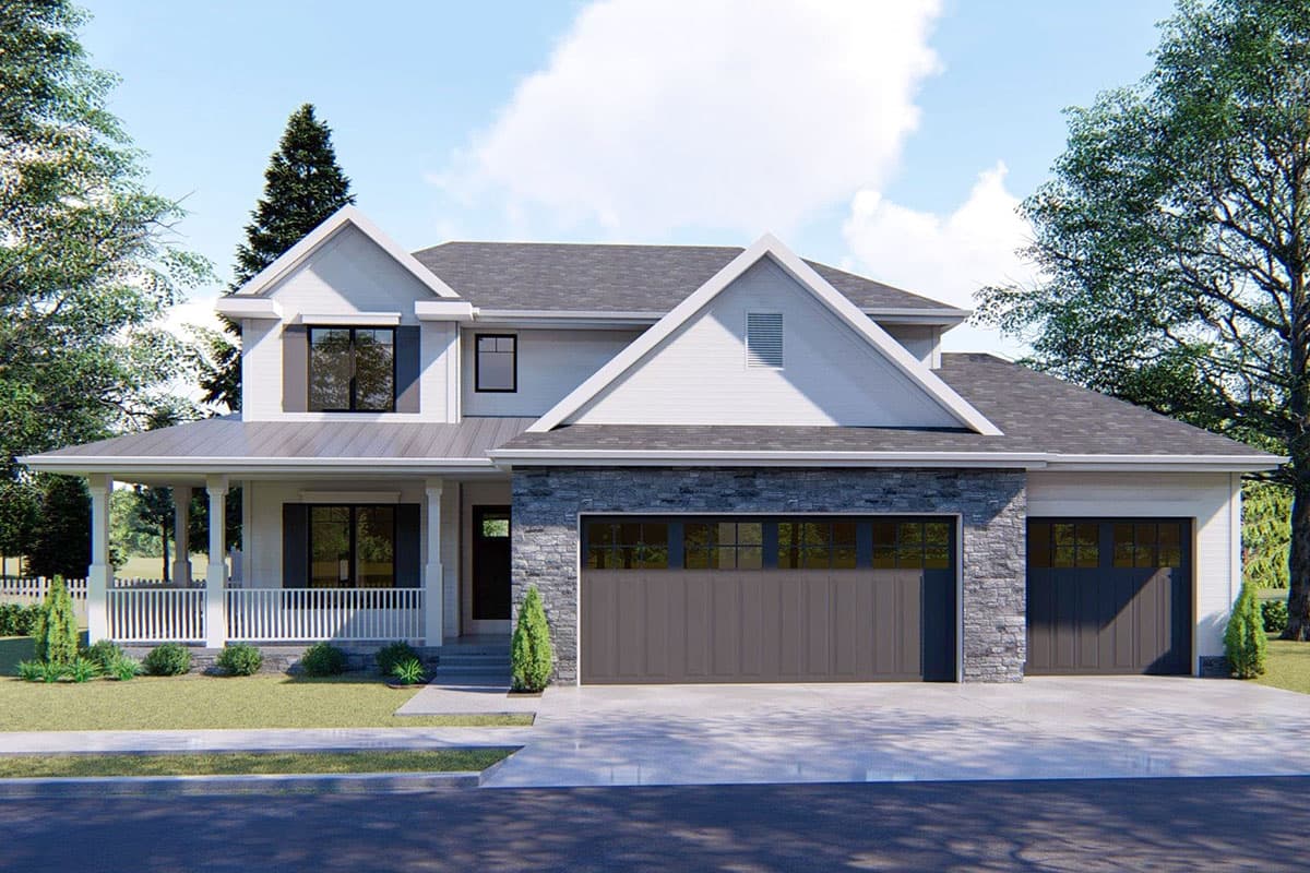 Modern Farmhouse house plan exterior with wraparound porch, stone accents, and a three-car garage.