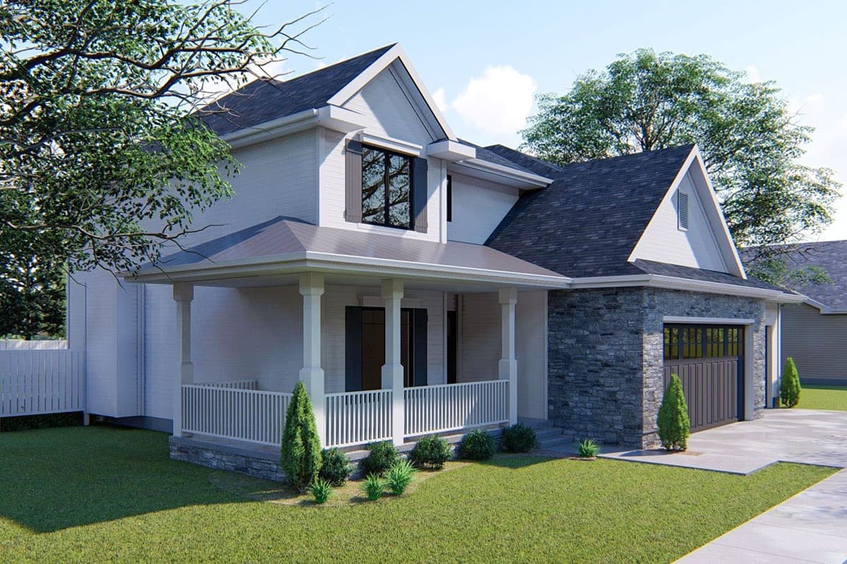 House plan exterior: two-story Modern Farmhouse with covered front porch, stone-clad garage, and multiple gables.