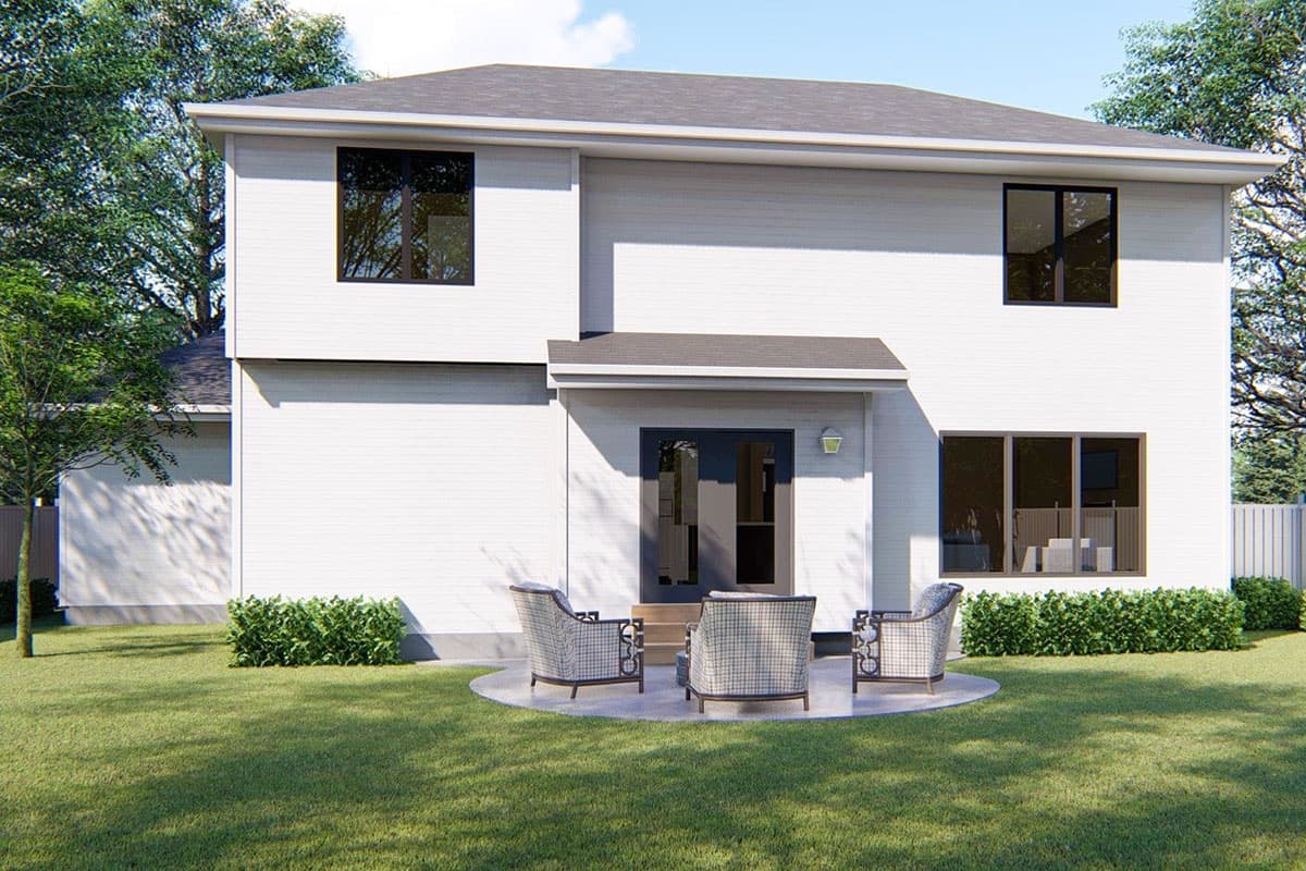 Two-story house plan exterior with a flat roof, double door entry, and numerous windows.