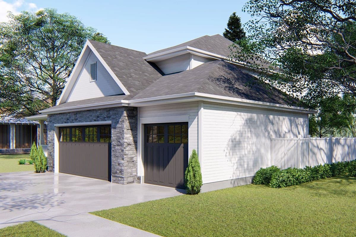 House plan exterior featuring a gable roof, stone facade on one section, and a two-car garage.