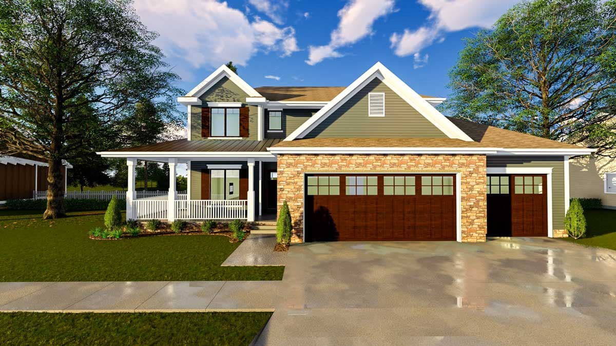 House plan exterior of a two-story Modern Farmhouse with a wrap-around porch, stone accent, and a three-car garage.