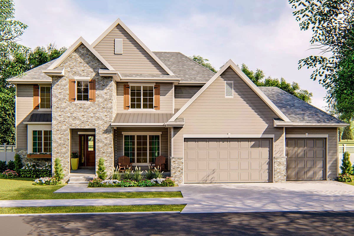 House plan exterior. Two-story Modern Farmhouse with stone facade, gabled roof, and a covered porch. Attached garage has two bays.