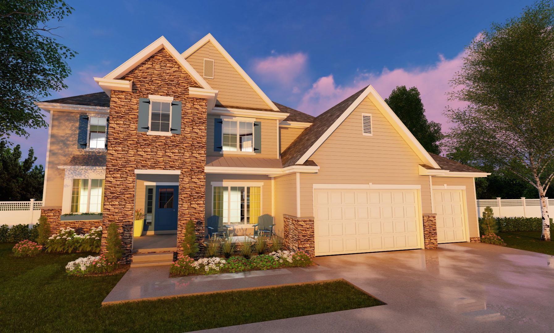 Two-story house plan exterior with stone accents, prominent gables, a covered entry, and a three-car garage.