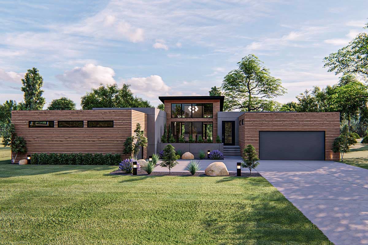House plan exterior. Modern style with flat roof and horizontal wood siding. Features include a two-car garage, large windows, and a raised entry.